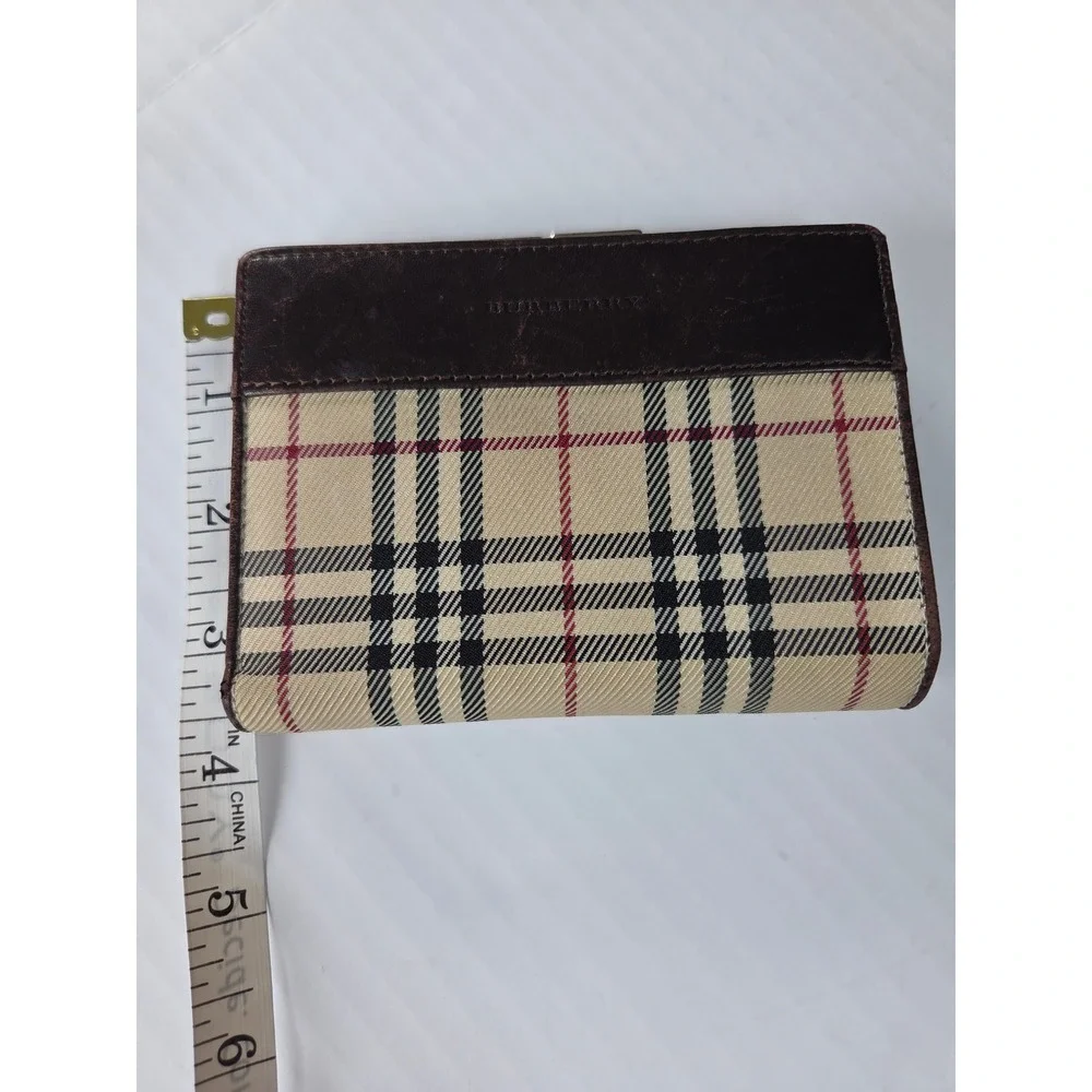 Burberry Nova Check Canvas Leather Bifold Wallet Brown Kiss Lock Coin Pouch